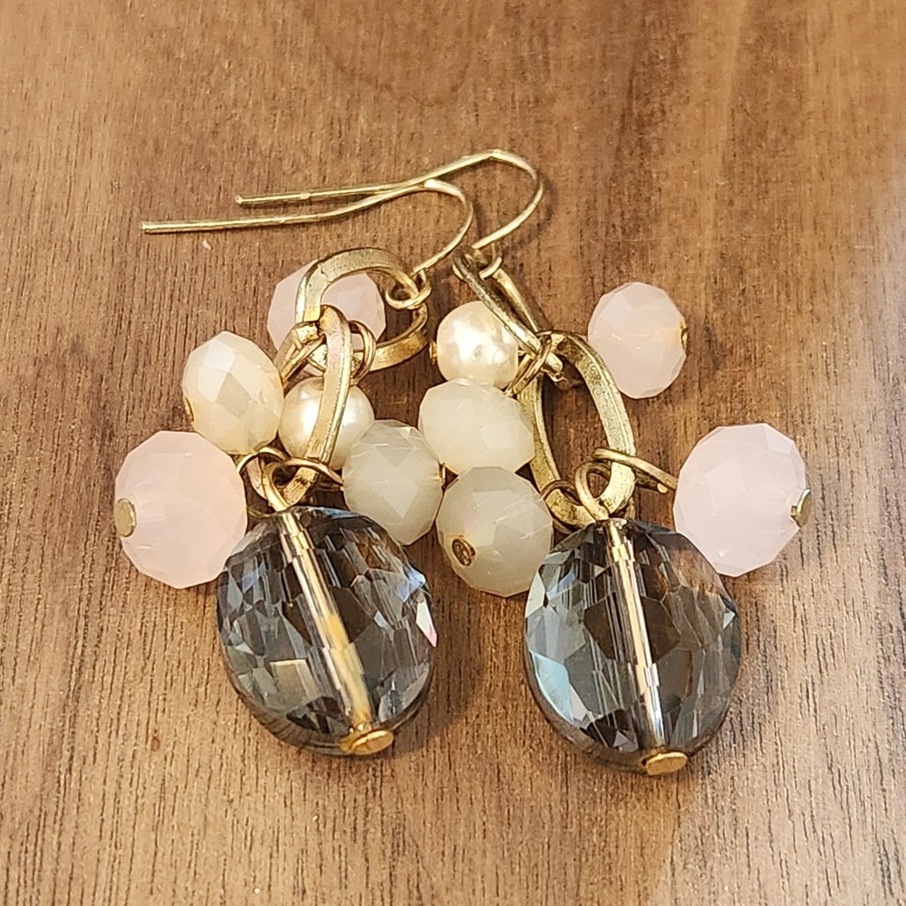Boho Gold Tone Pink and Grey Faceted Glass Bead Cluster Dangle Earrings